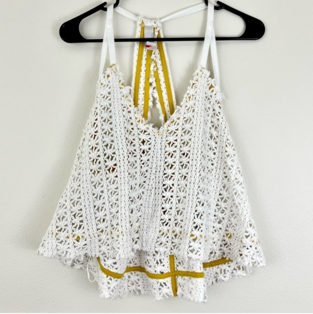 Free People White and Yellow Crochet Camisole
